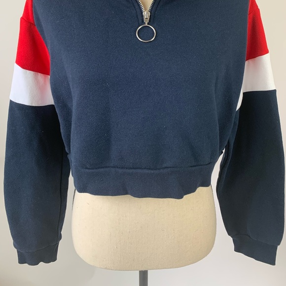 Divided Cropped Red Blue Pullover Sweatshirt - Picture 3 of 5